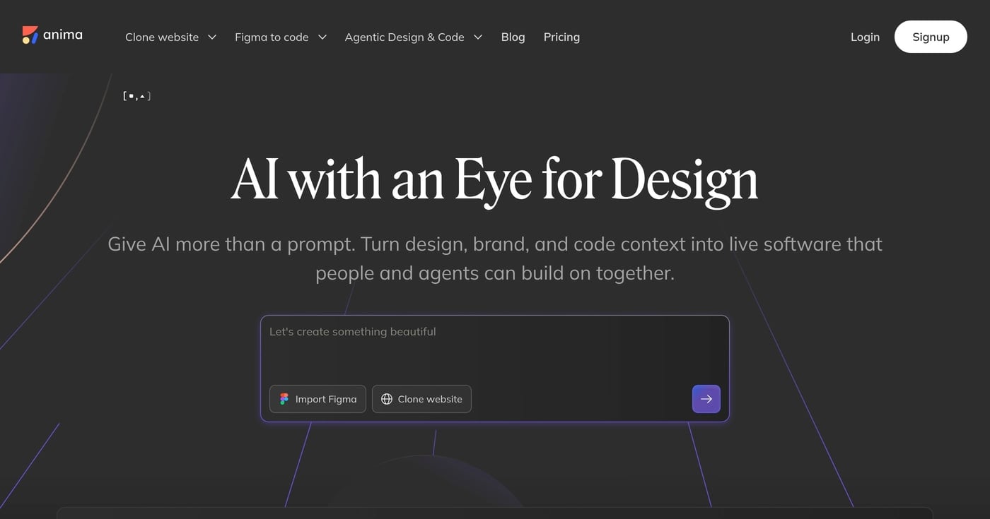 Anima AI wireframe and design-to-code tool homepage