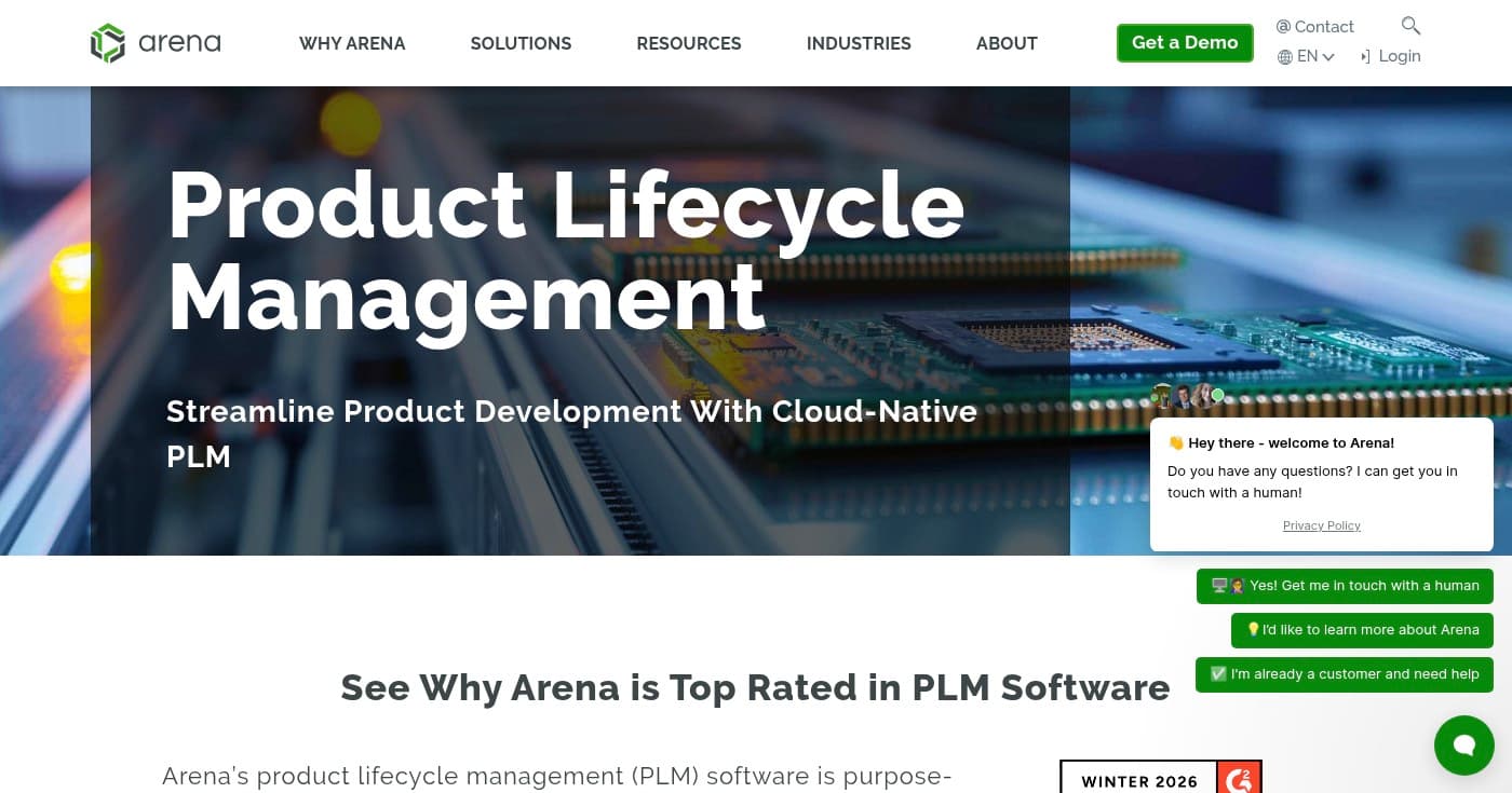 Screenshot of Arena Solutions homepage