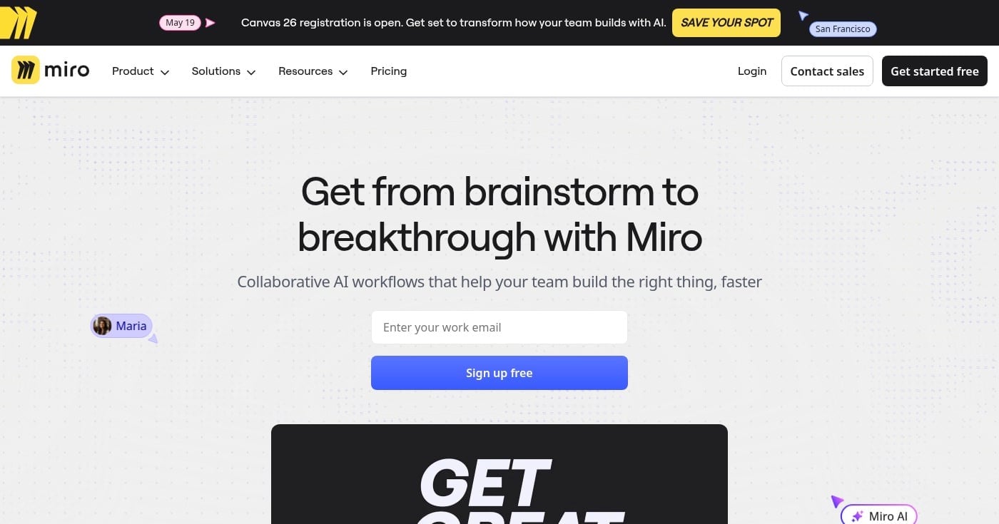 Miro collaborative whiteboard homepage