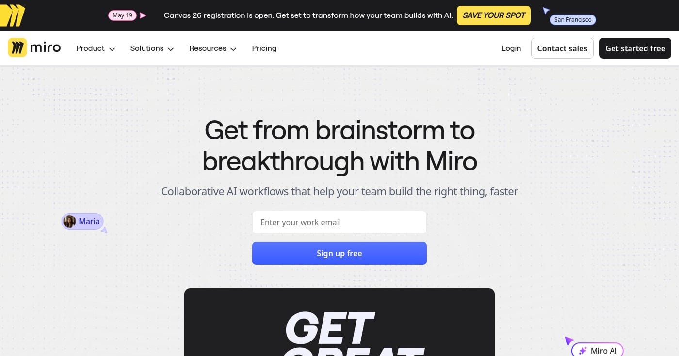 Miro collaborative whiteboard homepage
