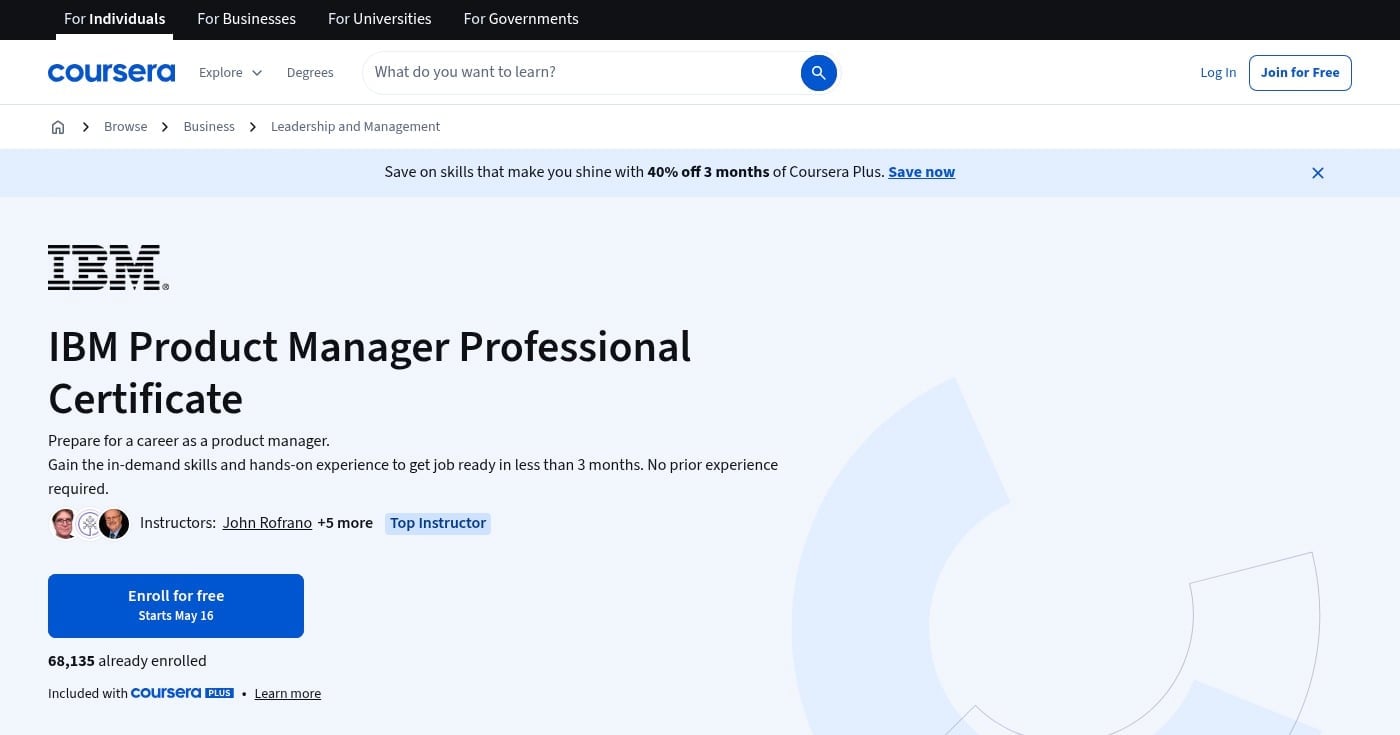 IBM Product Manager Professional Certificate page on Coursera