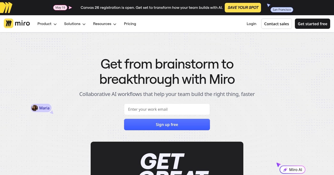 Miro collaborative whiteboard homepage