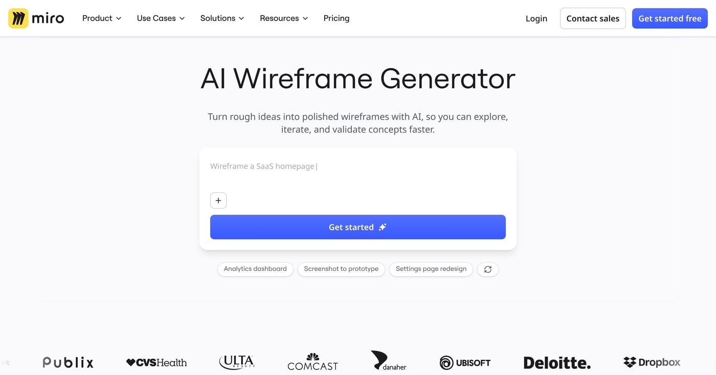 Miro AI Canvas wireframe generator homepage