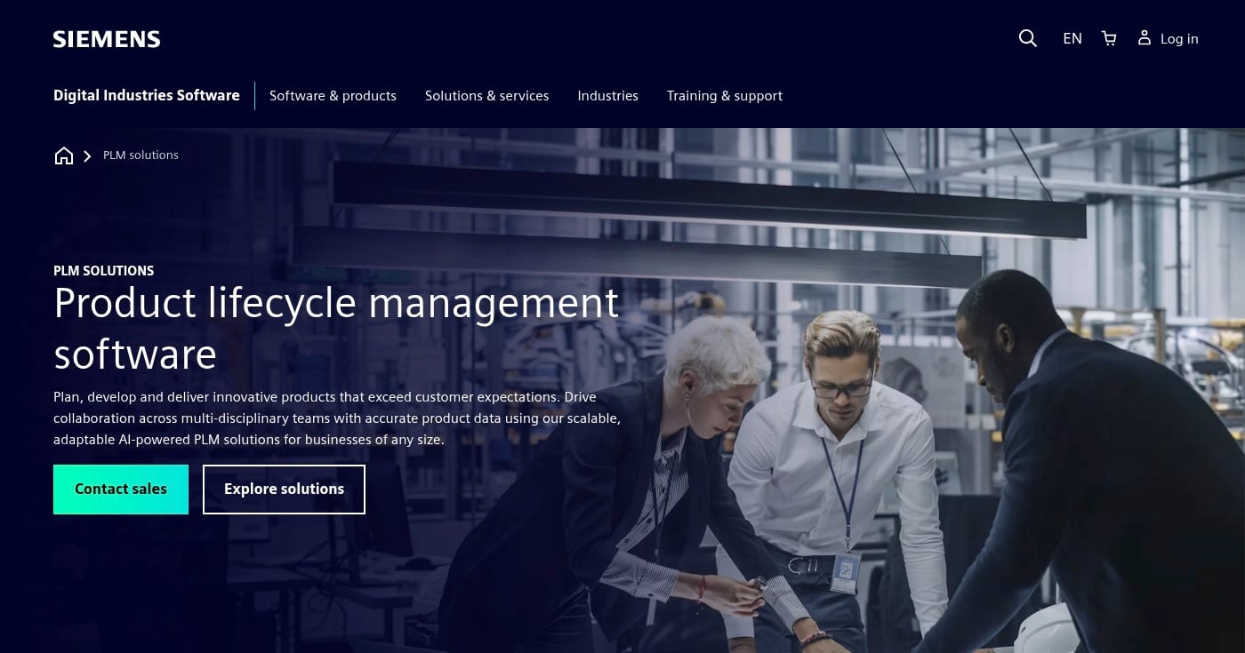Screenshot of Siemens PLM homepage