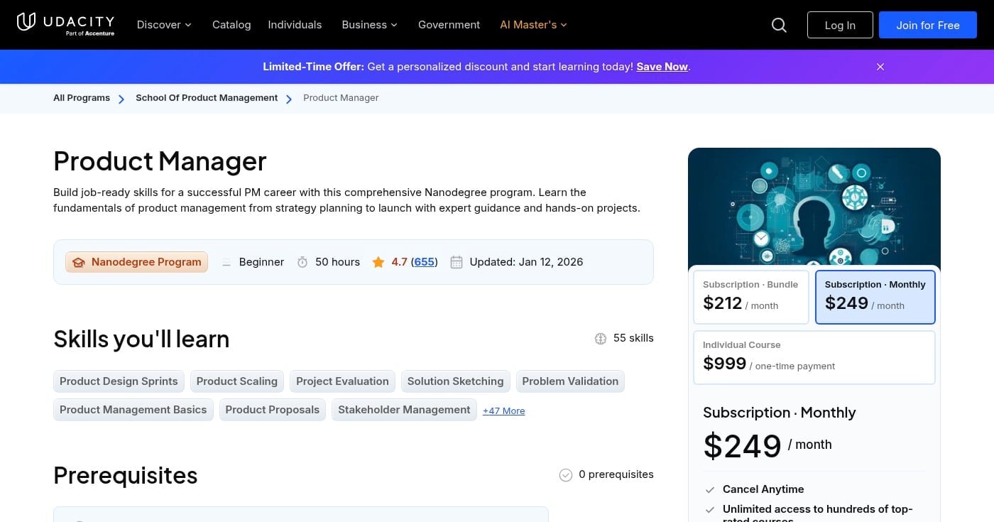 Udacity Product Manager Nanodegree page