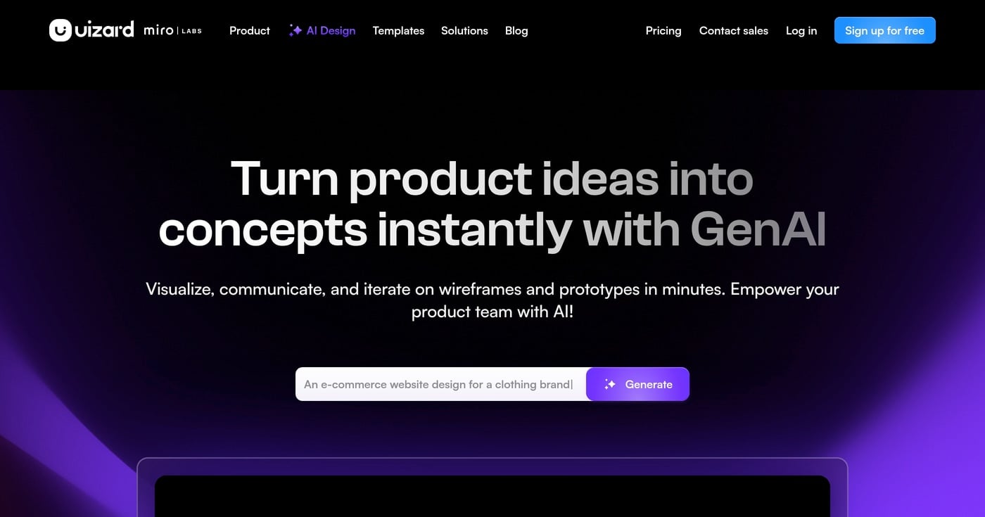 Uizard AI wireframe generator homepage