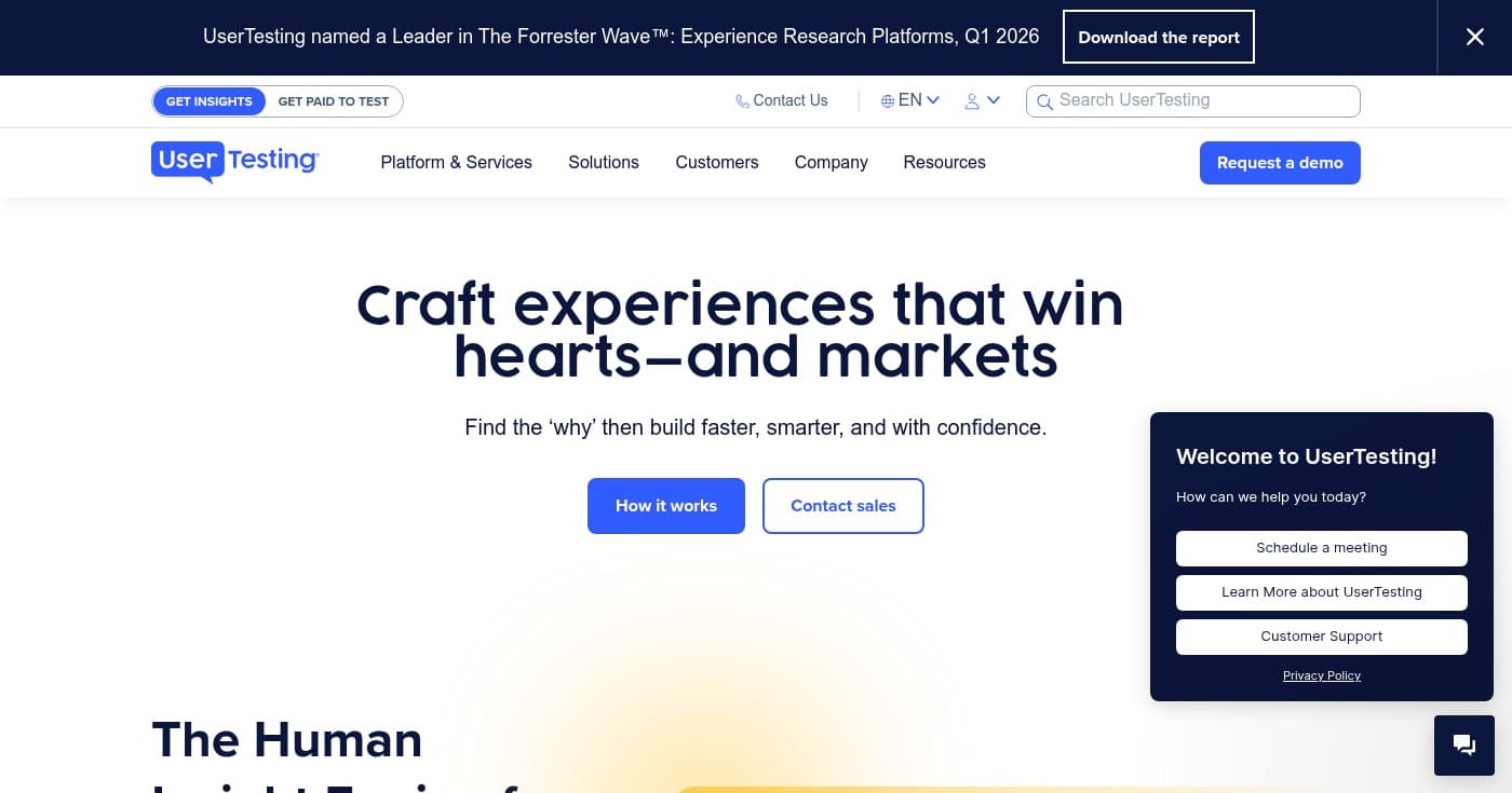 Screenshot of UserTesting Human Insight Platform homepage