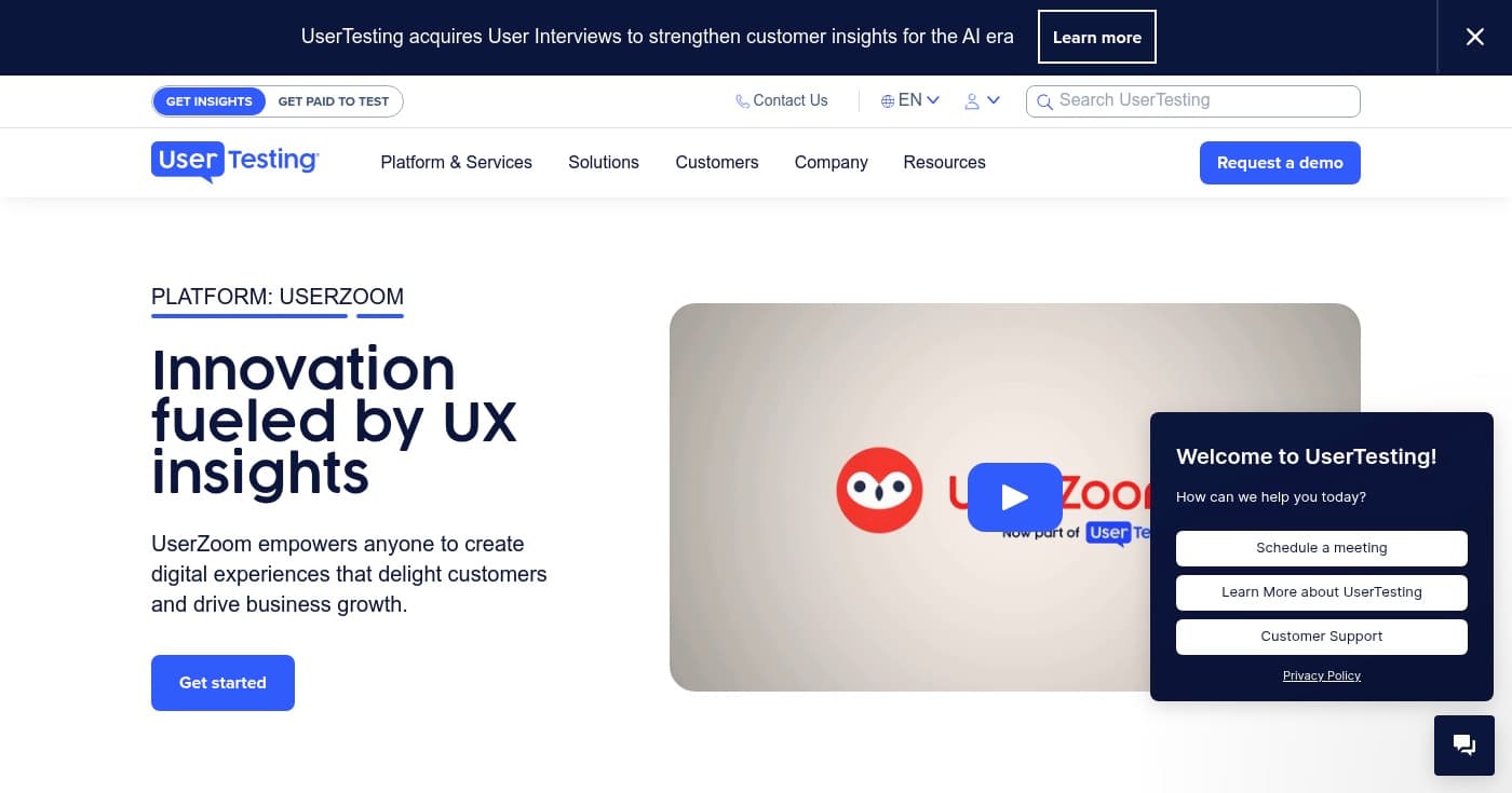 Screenshot of Userzoom homepage