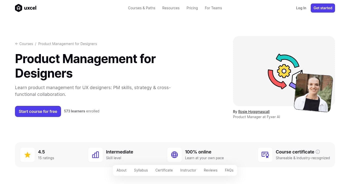 Uxcel Product Management for Designers course page