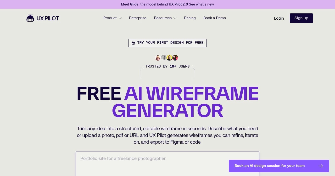 UXPilot AI wireframe generator homepage