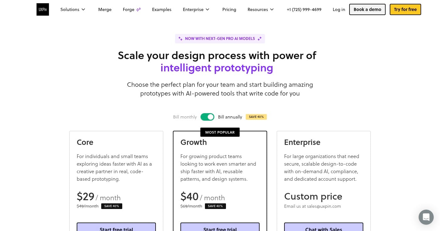 UXPin pricing page showing Core, Growth, and Enterprise plans