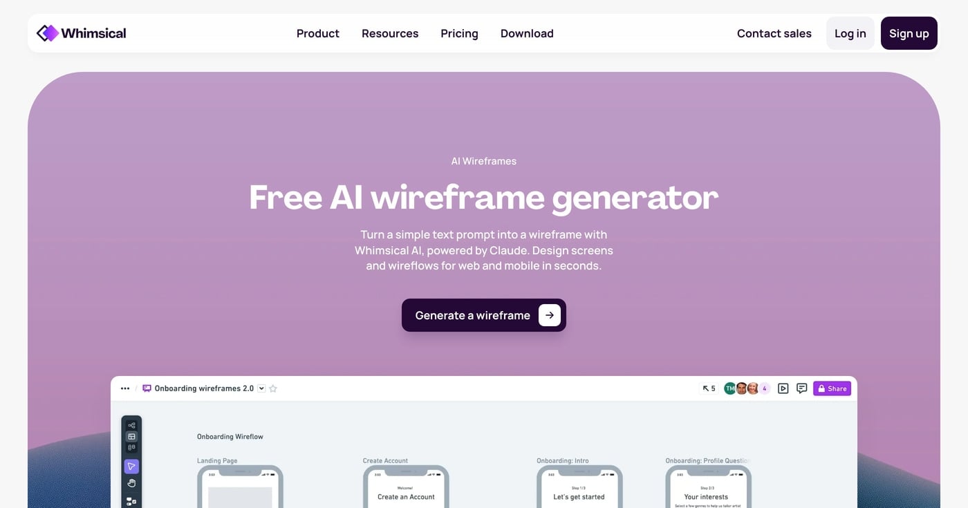 Whimsical AI wireframe generator homepage
