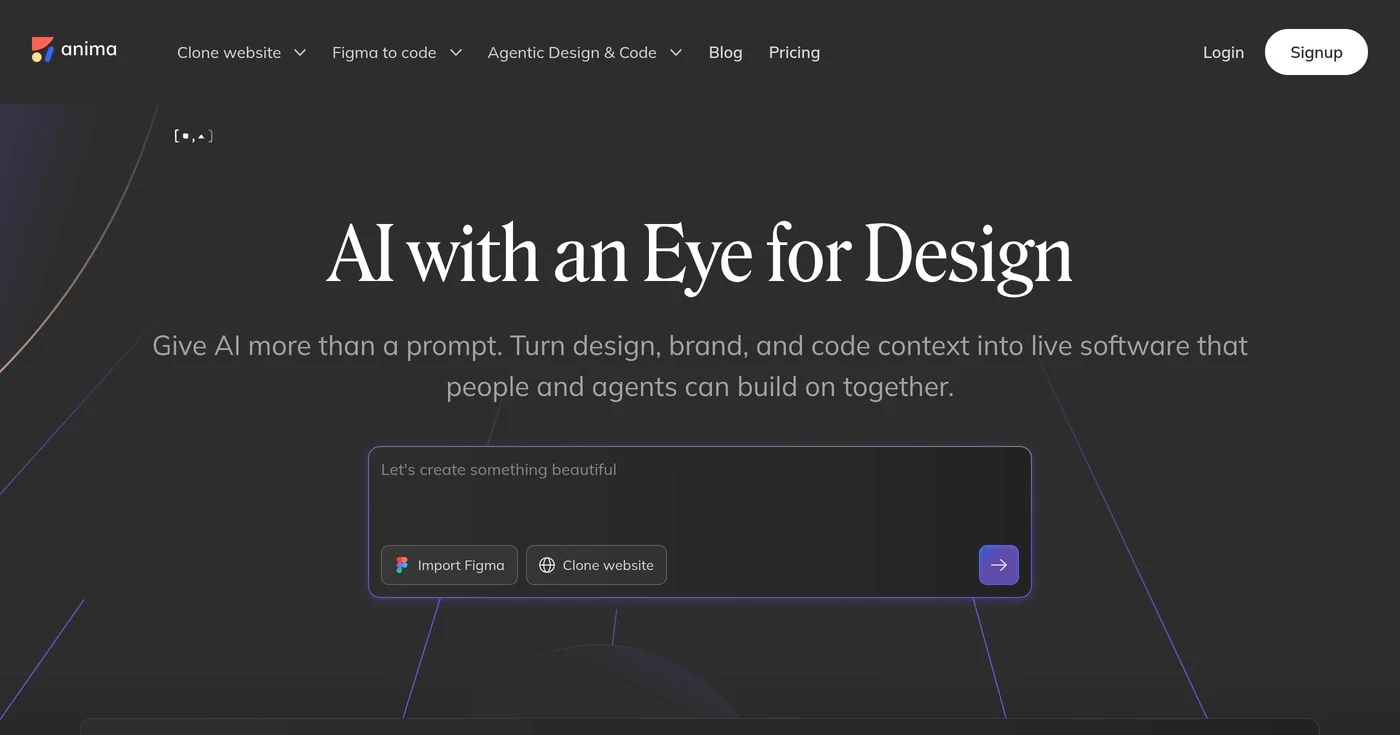 Anima AI wireframe and design-to-code tool homepage