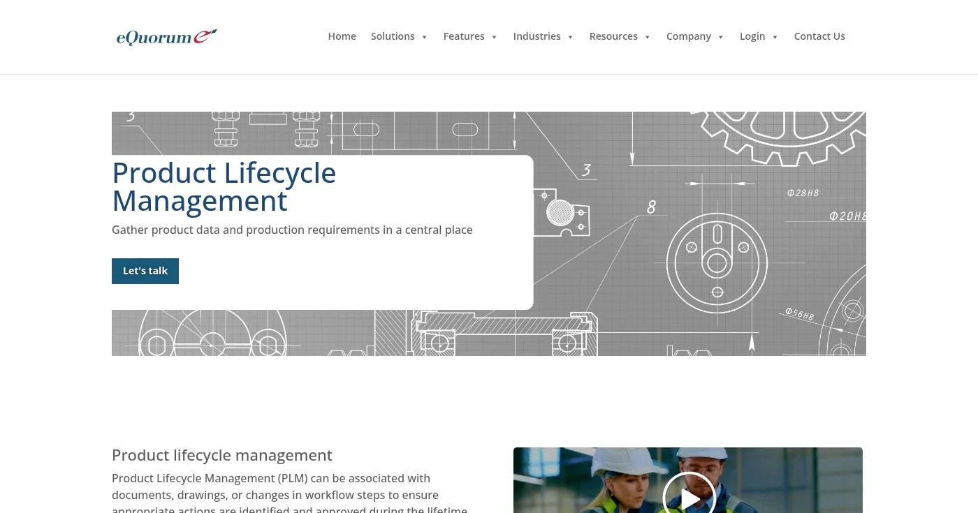 Screenshot of eQuorum PLM homepage