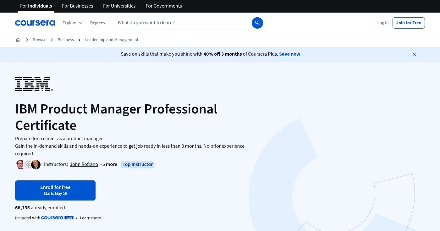 IBM Product Manager Professional Certificate page on Coursera