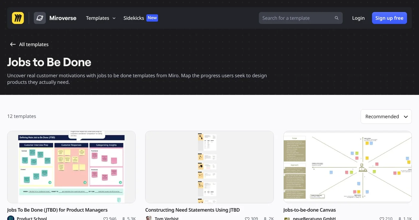 Miro JTBD template canvas showing the three-section demand creation layout