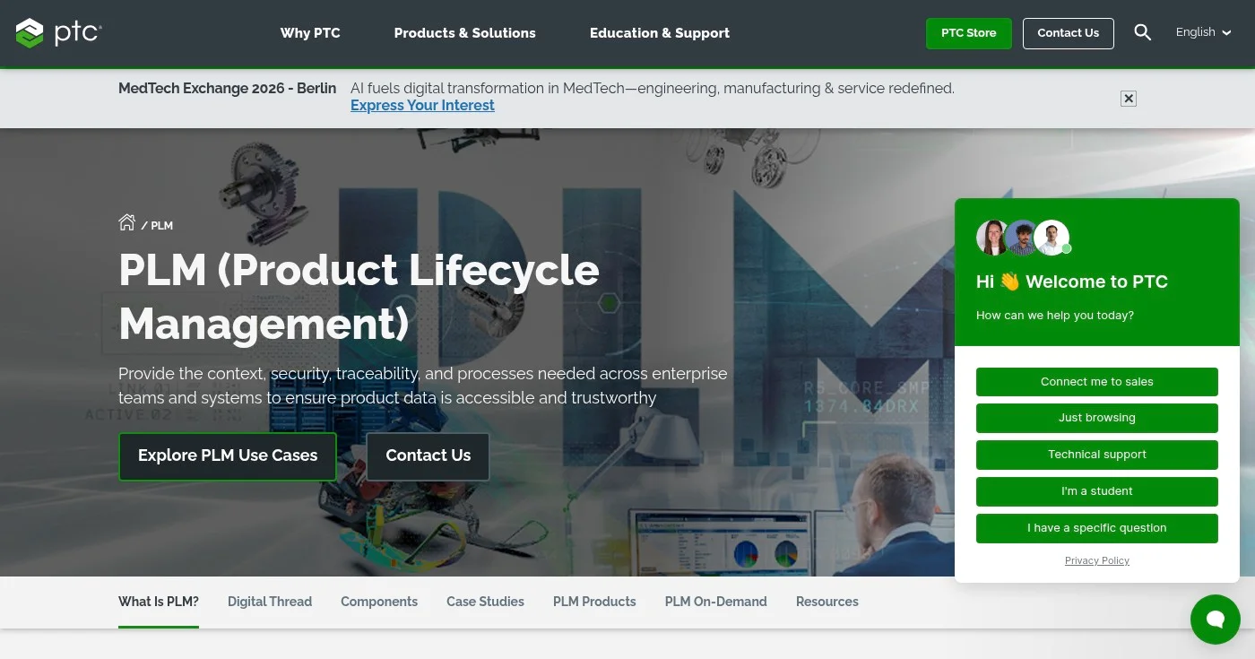 Screenshot of PTC Windchill homepage