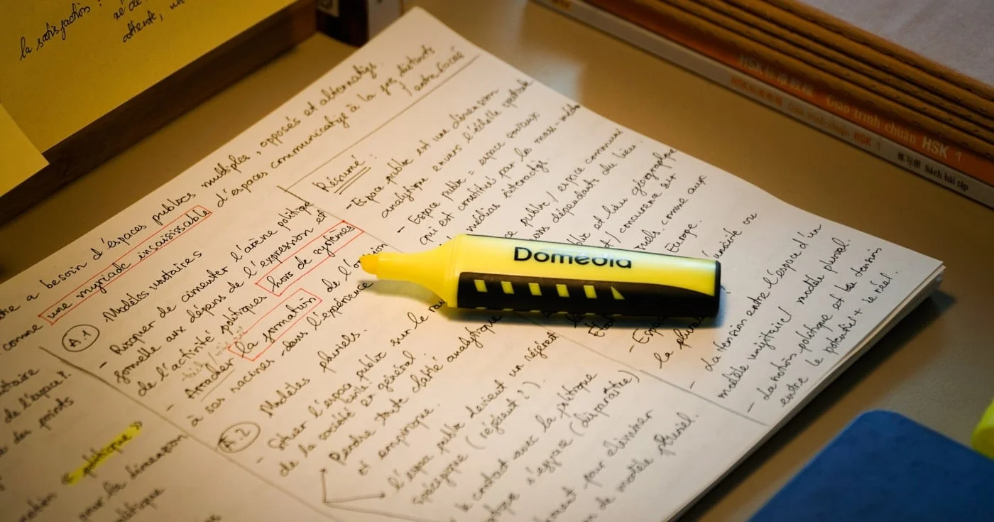 Handwritten qualitative notes with a highlighter