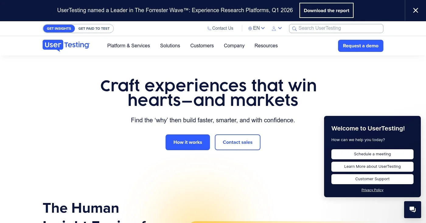 Screenshot of UserTesting Human Insight Platform homepage