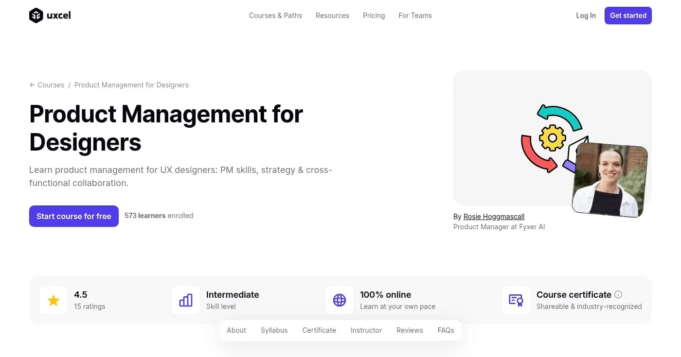 Uxcel Product Management for Designers course page