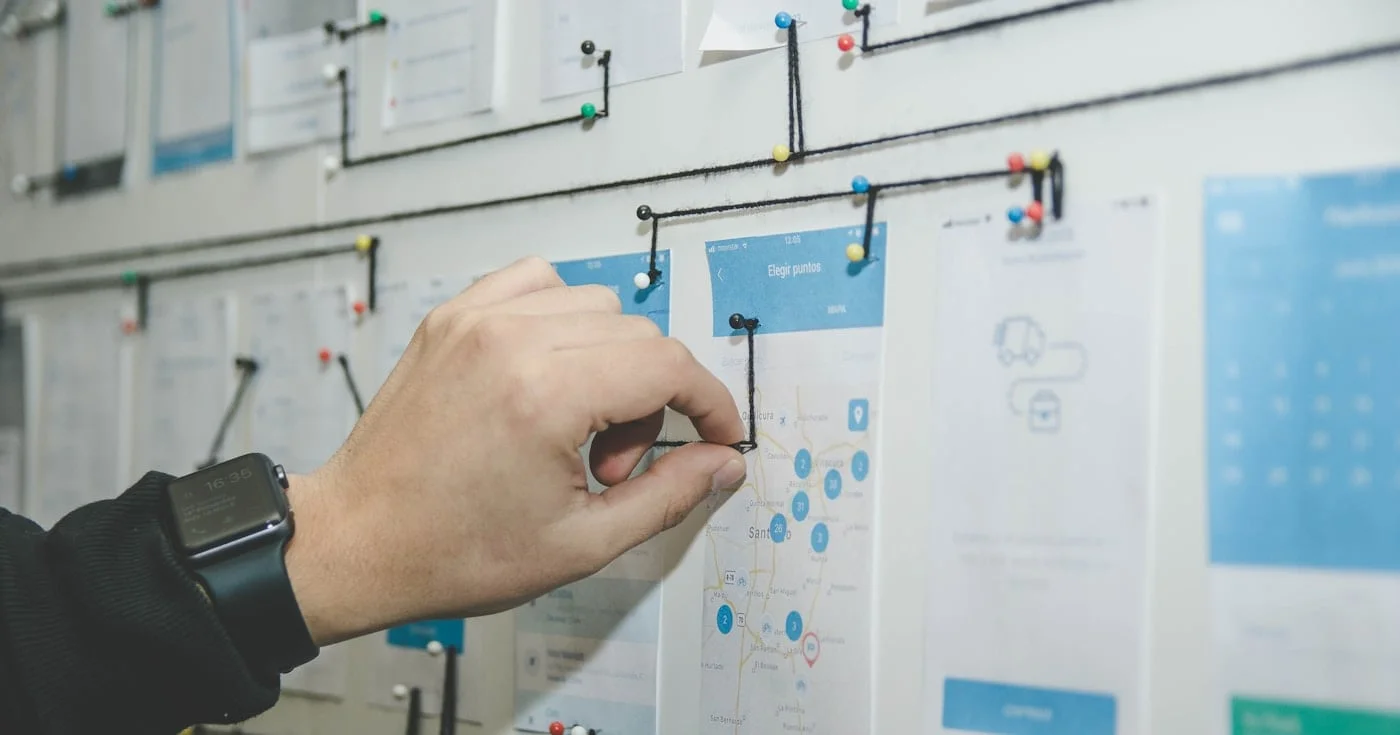 Team mapping a product workflow on a whiteboard