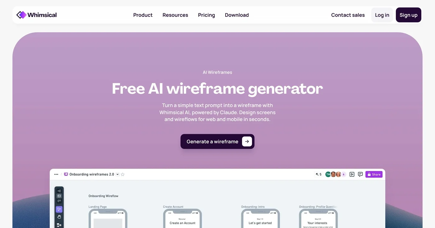 Whimsical AI wireframe generator homepage
